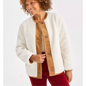 Women's Cream Sherpa Jacket with Corduroy Trim